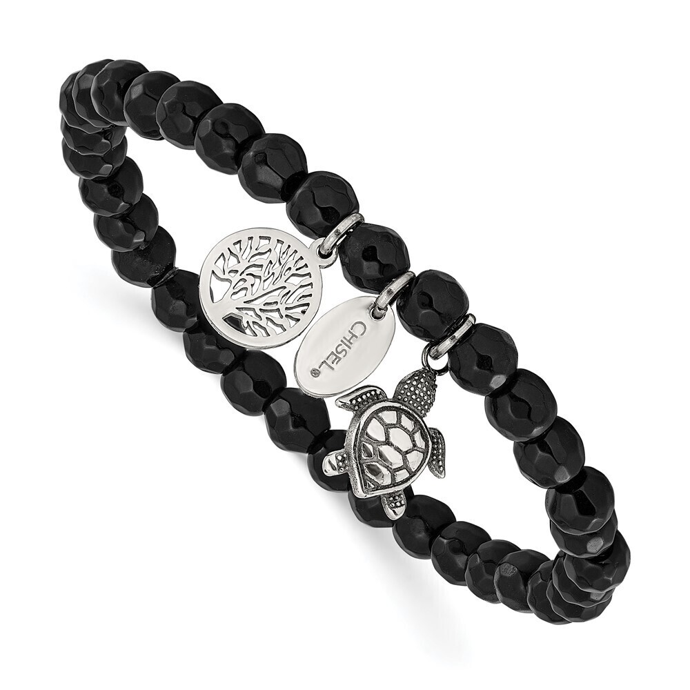 Chisel Steel Antiqued and Polished 6mm Black Agate Beaded 6.25 inch Bracelet